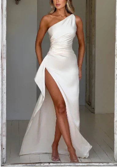 One - Shoulder Backless Slit Dress - Catch Cards