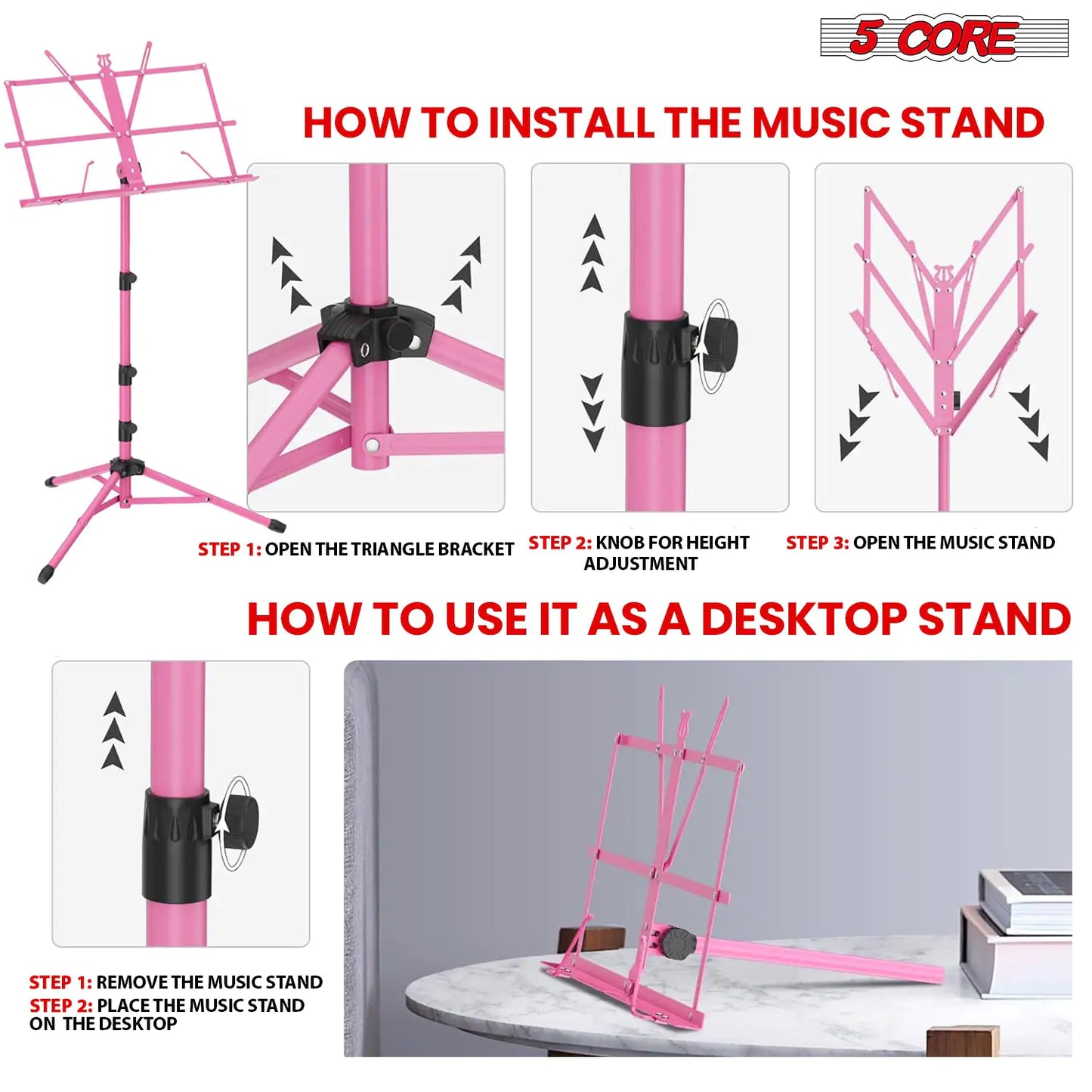 Soporte de Música 5Core para Partituras, Portátil, Tripé Ajustável, Dobrável, com Porta-Partituras e Luz, Rosa