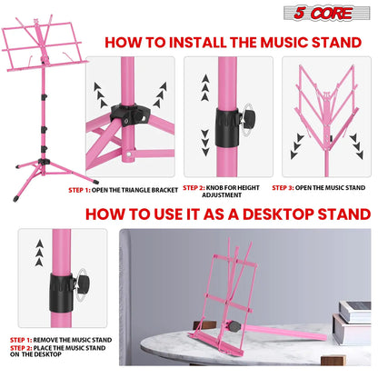 Suporte de Música 5Core para Partituras, Portátil, Tripé Ajustável, Dobrável, com Porta-Partituras e Luz, Rosa