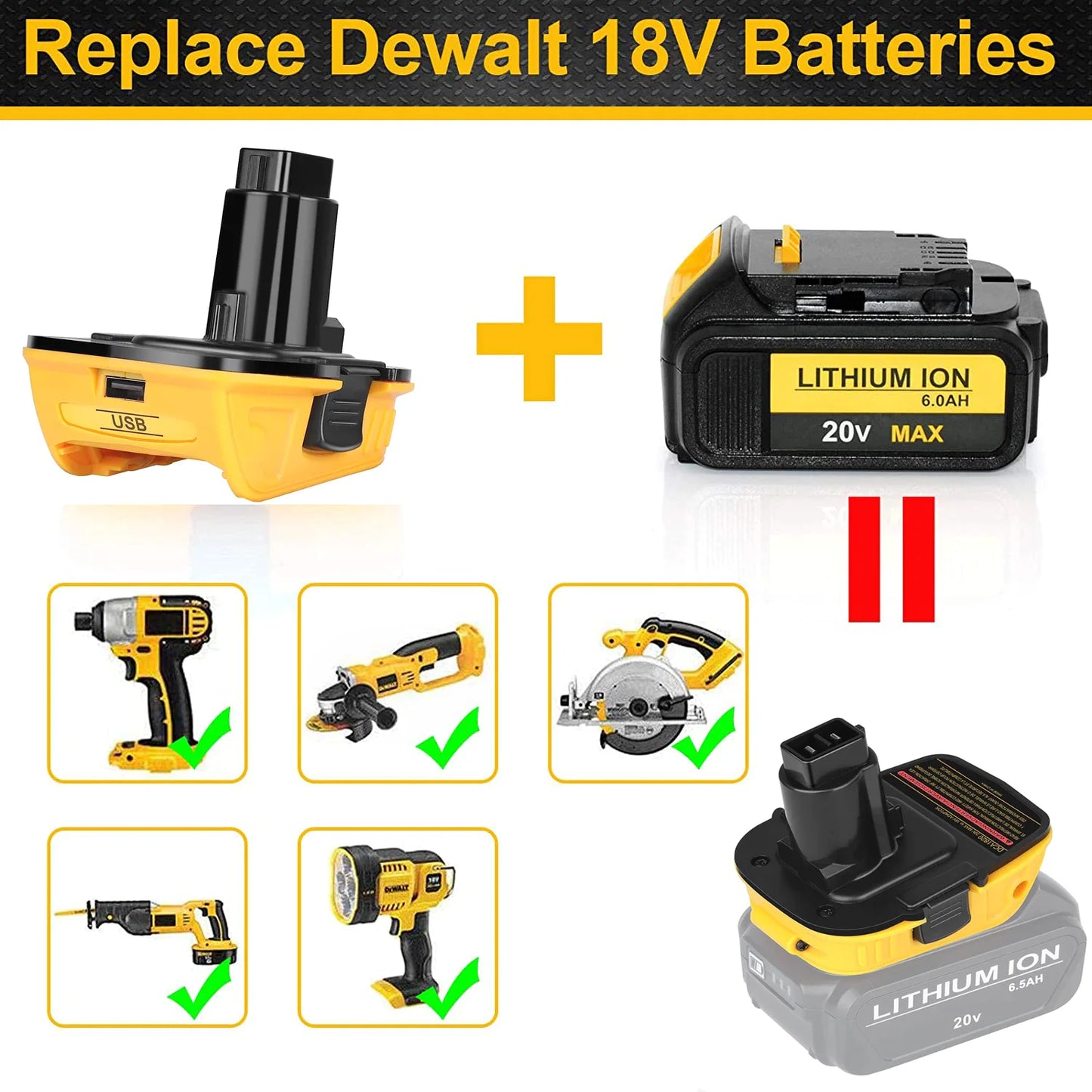 2X 18V 至 20V MAX DCA1820 适配器转换器，适用于 DEWALT 20 伏锂离子电池