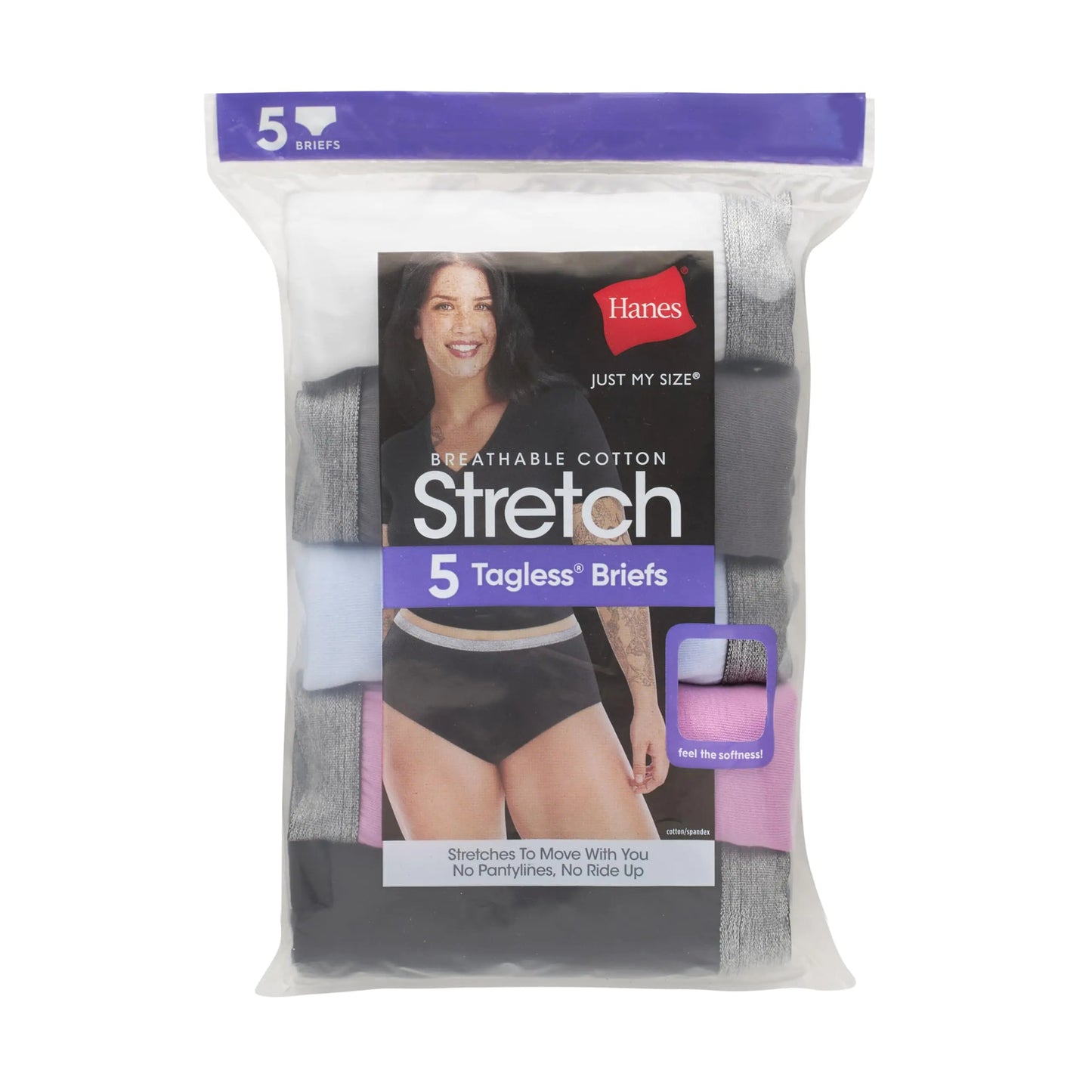 Hanes Women's Just My Size Brief Underwear, Cotton Stretch Brief Panties, Plus Sizes, 5-Pack 11 White/Grey/Blue/Pink/Black, Hanes Women's Cotton Briefs