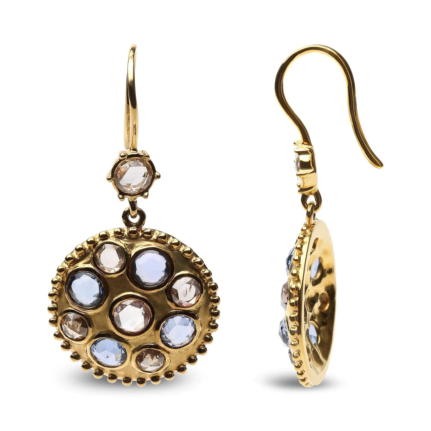 Aretes colgantes con medallón de piedras preciosas en oro amarillo de 18 quilates, con diamantes de 1 2/3 quilates y zafiro azul engastados en bisel (color marrón y GH, claridad SI1-SI2)