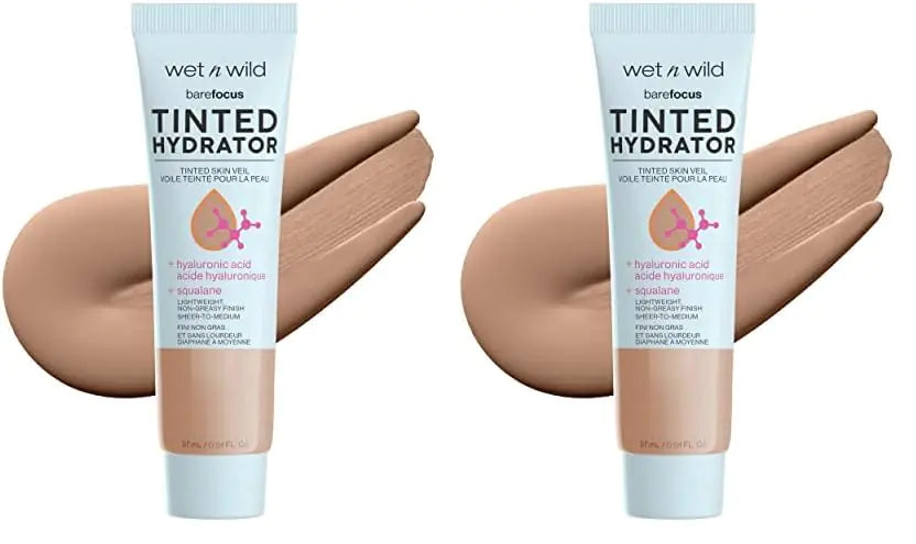 Hidratante con color Bare Focus de wet n wild, acabado natural mate, maquillaje hidratante facial con color sin aceite, ácido hialurónico, escualano, cobertura de translúcida a media, profundidad media (paquete de 2), 0.91 onzas (paquete de 2)