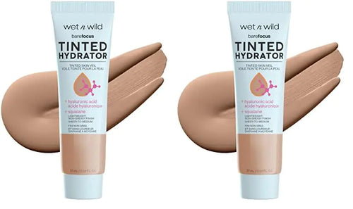 Hidratante con color Bare Focus de wet n wild, acabado natural mate, maquillaje hidratante facial con color sin aceite, ácido hialurónico, escualano, cobertura de translúcida a media, profundidad media (paquete de 2), 0.91 onzas (paquete de 2)