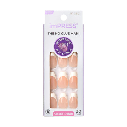 KISS imPRESS No Glue Mani Press-On Nails, Fransk, 'Ideell', Lett Nøytral + Hvit spiss Fransk, Medium Størrelse, Kisteform, Inkluderer 30 negler, Prep Pad, Instruksjonsark, 1 Manikyrpinne, 1 Minifil Ideal