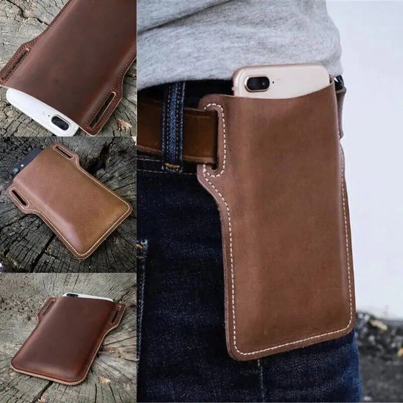 Riñonera para teléfono móvil para hombre, funda tipo cartera de cuero con lazo para la cintura