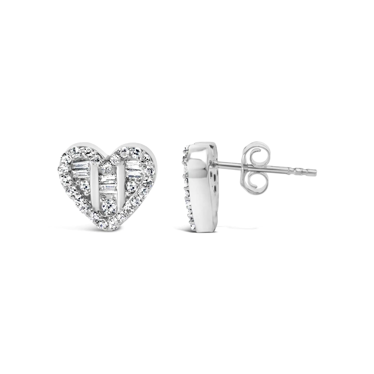 Aretes de plata de ley 925 con diamantes redondos y baguette de 1/2 ct en forma de corazón (color IJ, claridad SI2-I1)