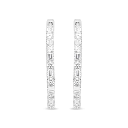 14K White Gold 1 3/4 Cttw Round and Baguette Diamond Hoop Earrings - (H-I Color, SI2-I1 Clarity)