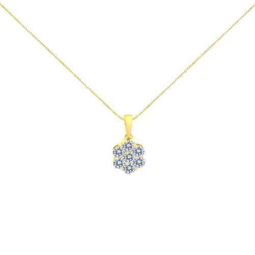 10K Yellow Gold Plated .925 Sterling Silver 1.0 Cttw Round Diamond 7 Stone Flower 18" Pendant Necklace (I-J Color, I1-I2 Clarity)