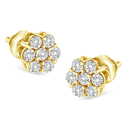 Aretes de oro amarillo de 14 quilates con diamantes redondos de talla brillante de 1/2 ct y cierre de rosca en racimo floral (color IJ, claridad SI2-I1)