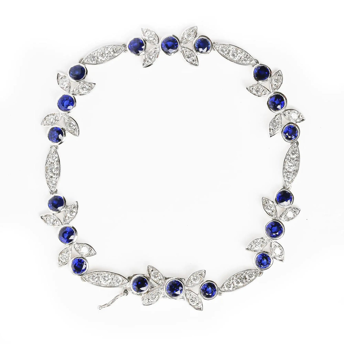 18K White Gold 1 3/4 Cttw Diamond and 3x3mm Round Blue Sapphire Gemstone Floral Link Bracelet (G-H Color, SI1-SI2 Clarity) - Size 7"