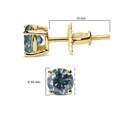 14K Gold Round Brilliant Cut Lab Grown Blue Diamond 4-Prong Classic Solitaire Stud Earrings with Screwbacks