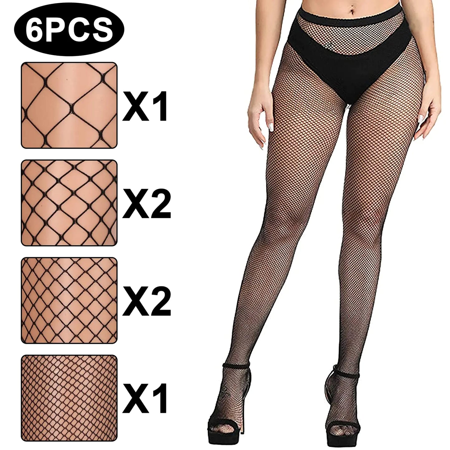 Buauty Fishnet Stockings for Women, High Waisted Fishnet Tights Black Fishnets for Halloween One Size Black-6pcs