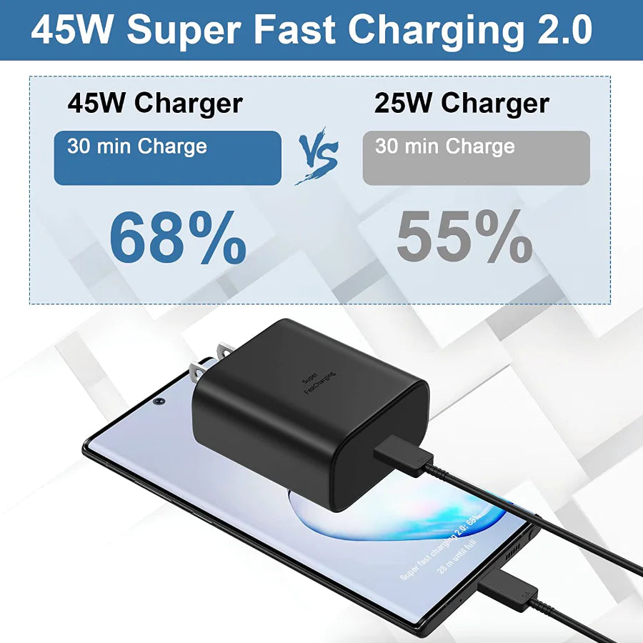 45W USB-C Super Fast Wall Charger 10FT Cable For Samsung Galaxy S20 S21 S22 S23