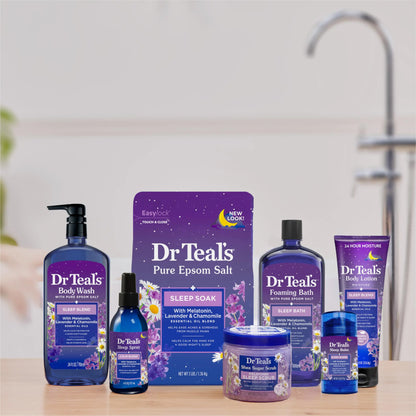 Baño espumoso Dr. Teal's con sales de Epsom puras, mezcla para dormir con melatonina, aceites esenciales de lavanda y manzanilla, 947 ml (paquete de 4) (el empaque puede variar)