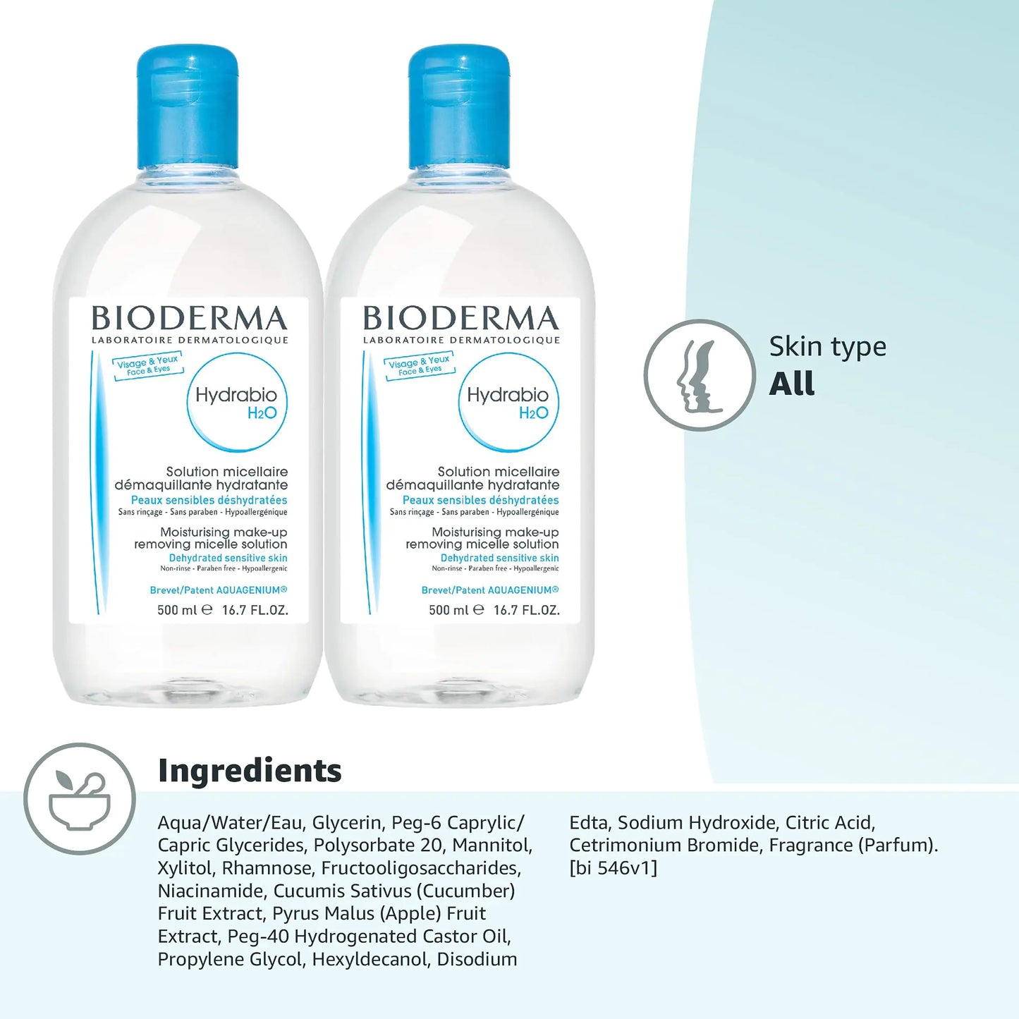 Bioderma – Hydrabio H2O mitsellaarvesi – Näopuhastus- ja meigieemaldaja – Mitsellaarvesi dehüdreeritud tundlikule nahale 33,4 Fl Oz (1 tk)