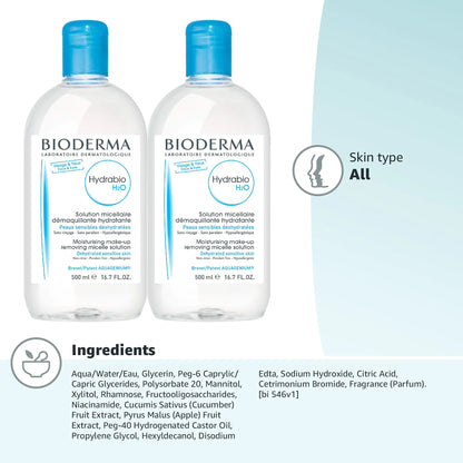 Bioderma - Hydrabio H2O Micellar Water - Ansiktsrens og makeupfjerner - Micellar rensevann for dehydrert sensitiv hud 33,4 Fl Oz (pakke med 1)