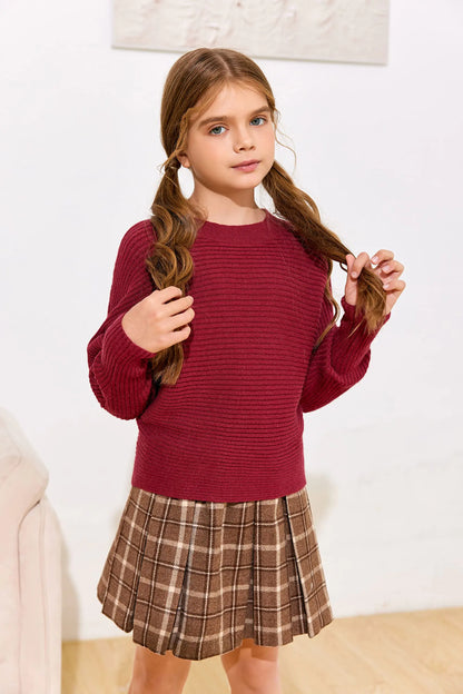 Mafulus Girl's Oversized Crewneck Fall Sweaters Kids Batwing Long Sleeve Slouchy Chunky Cute Pullover Jumper Shirts 5-14T 9-10 Years Burgundy Oversized Girls Sweaters Burgundy