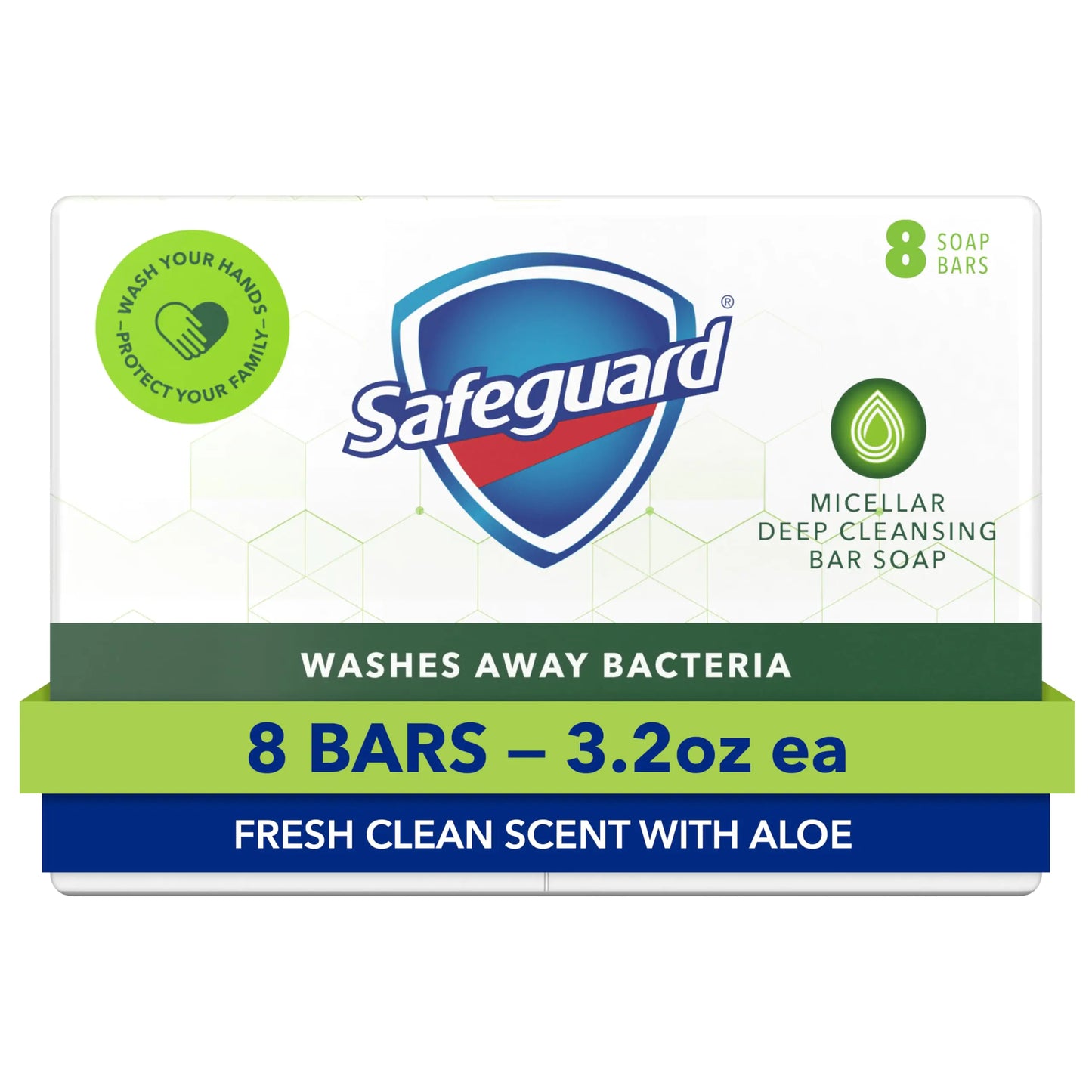 Safeguard Micellar Deep Cleansing Bath Bar Soap, Washes Away 99 Percent of Bacteria, Leaves Skin Soft, Fresh Clean Scent with Aloe, 3.2 oz (8 Count)