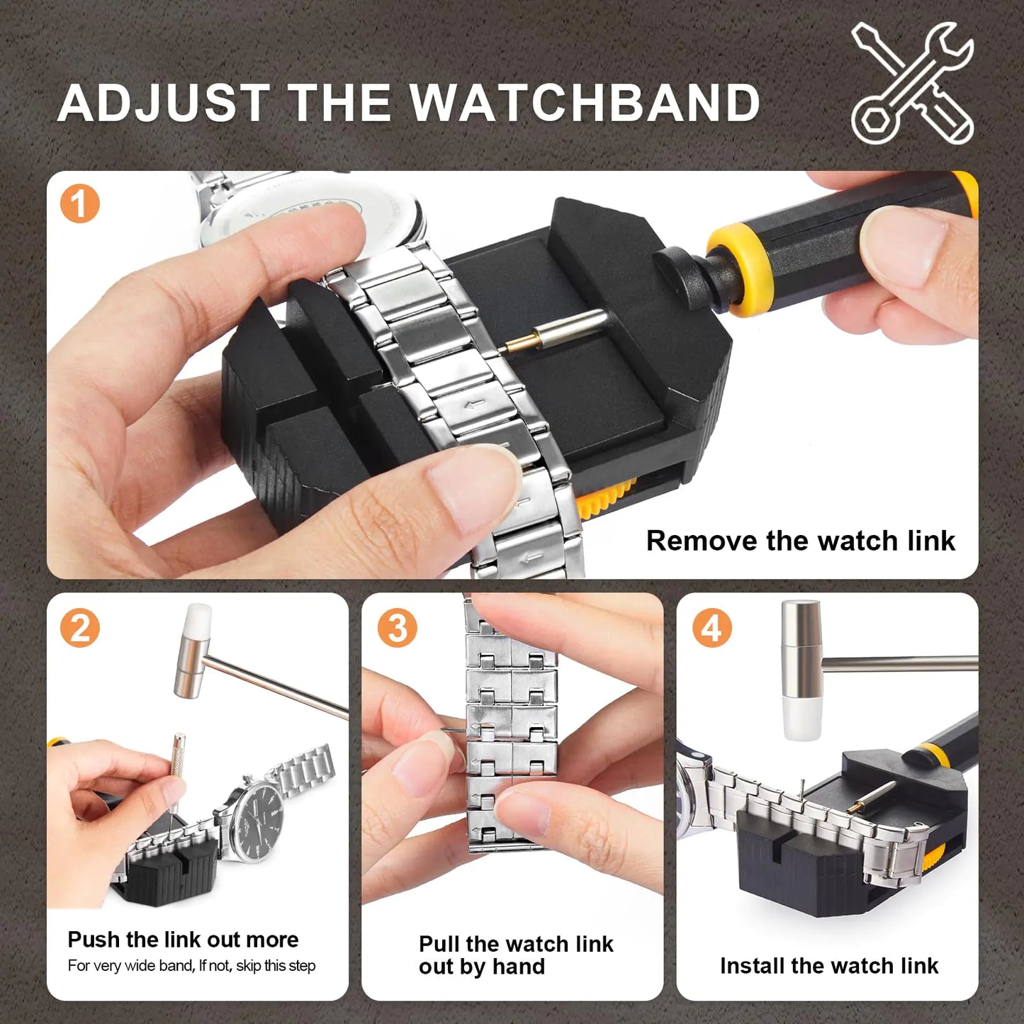 JOREST Watch Link Removal Kit, Resizing Tool for Bracelet Adjustment & Replacement, Pin Remover for Sizing Strap, Watch Adjuster, Hammer for Watch Repair, Adjust Band, with User Manual, Punches Orange