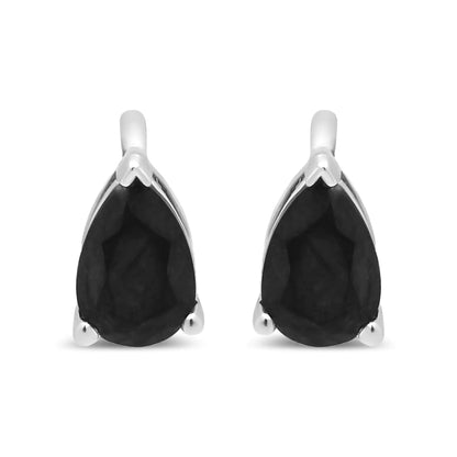 14K White Gold Treated Black Pear Shaped Solitaire Diamond 3 Prong Stud Earrings (Black Color, VS2-SI1 Clarity)