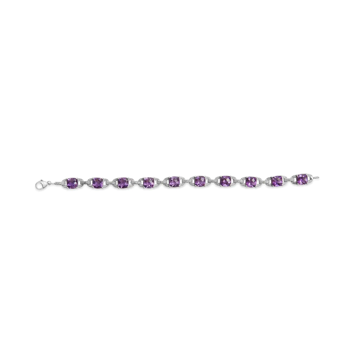 .925 Sterling Silver 7mm Cushion Cut Amethyst Gemstone and Diamond Tennis Link Bracelet (I-J Color, I1-I2 Clarity) - Size 7"