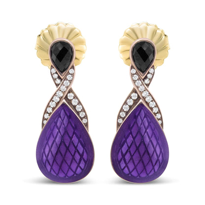 Aretes colgantes de plata de ley 925 con baño de oro rosa de 18 quilates y esmalte morado con diamantes redondos engastados en pavé de 1/5 ct y ónix negro en forma de pera de 5,5 x 4 mm (color FG, claridad VS1-VS2)