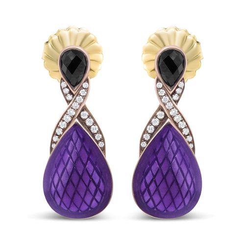 Aretes colgantes de plata de ley 925 con baño de oro rosa de 18 quilates y esmalte morado con diamantes redondos engastados en pavé de 1/5 ct y ónix negro en forma de pera de 5,5 x 4 mm (color FG, claridad VS1-VS2)