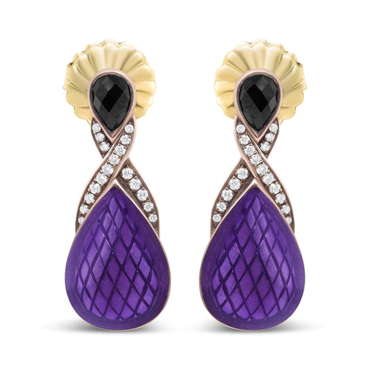 Aretes colgantes de plata de ley 925 con baño de oro rosa de 18 quilates y esmalte morado con diamantes redondos engastados en pavé de 1/5 ct y ónix negro en forma de pera de 5,5 x 4 mm (color FG, claridad VS1-VS2)