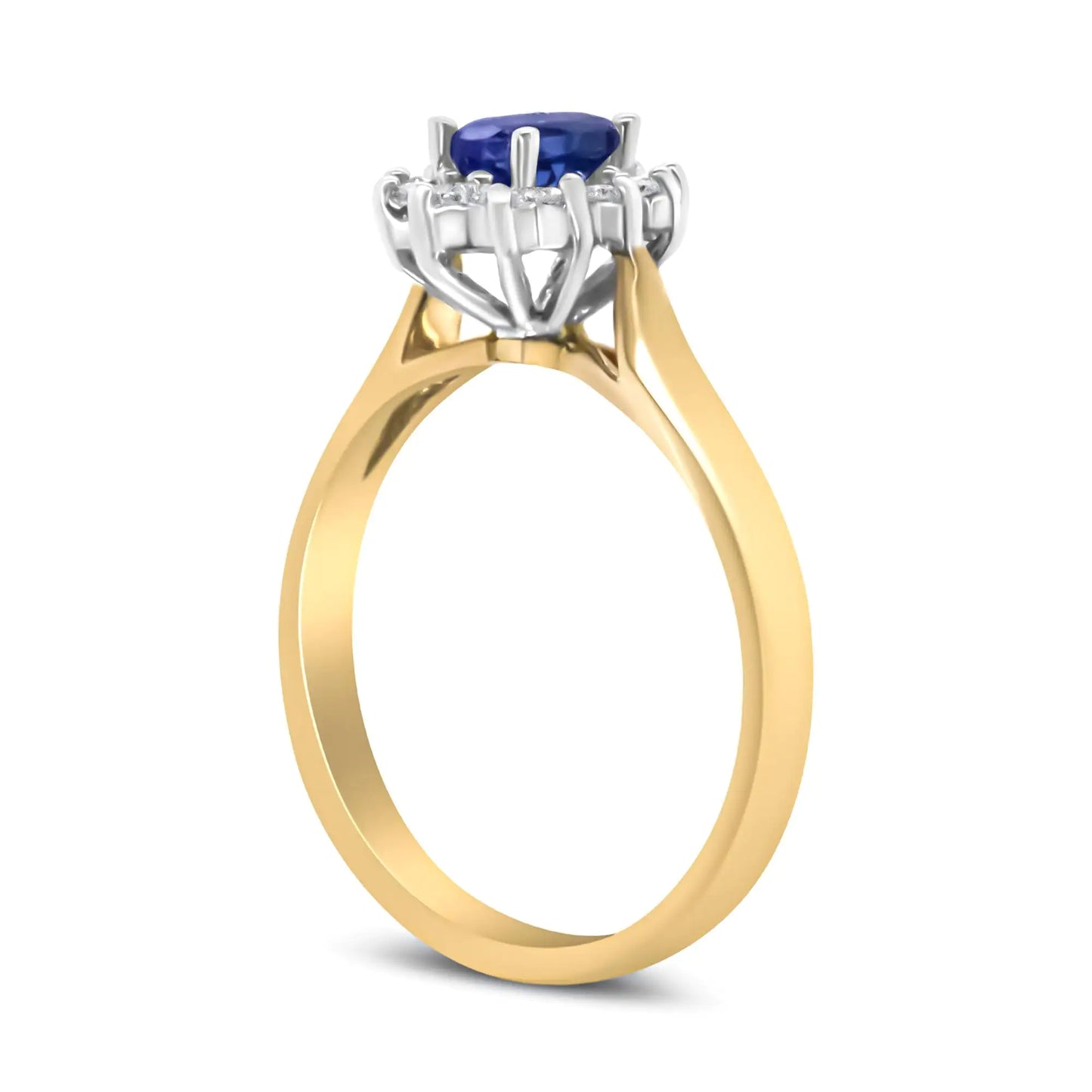 14K gult gull 1/5 Cttw rund diamant og 6x4 mm oval blå tanzanite Halo-ring (HI-farge, I1-I2-klarhet)