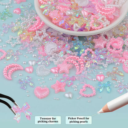 600 stk 3D Nail Charms og Flatback Perler #10, 6 farger Sløyfe + Pink&amp;White Star Heart Moon Cute Charms + 2-6 mm hvite perler for Nail Art Design med Nail Charm Lim (UV nødvendig) og Pickup Tool Set 11- 8 farger med lim 3D Nail Art Sett