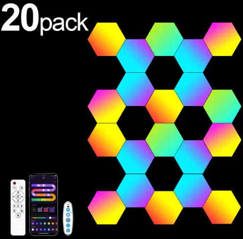 Lámpara de pared hexagonal RGB inteligente: luz ambiental con mudanza de núcleos, sincronización con música y control por aplicación