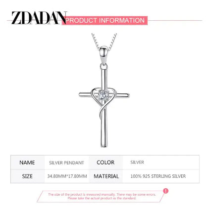 ZDADAN 925 Silver Blue Zircon Cross Pendant Necklace for Women