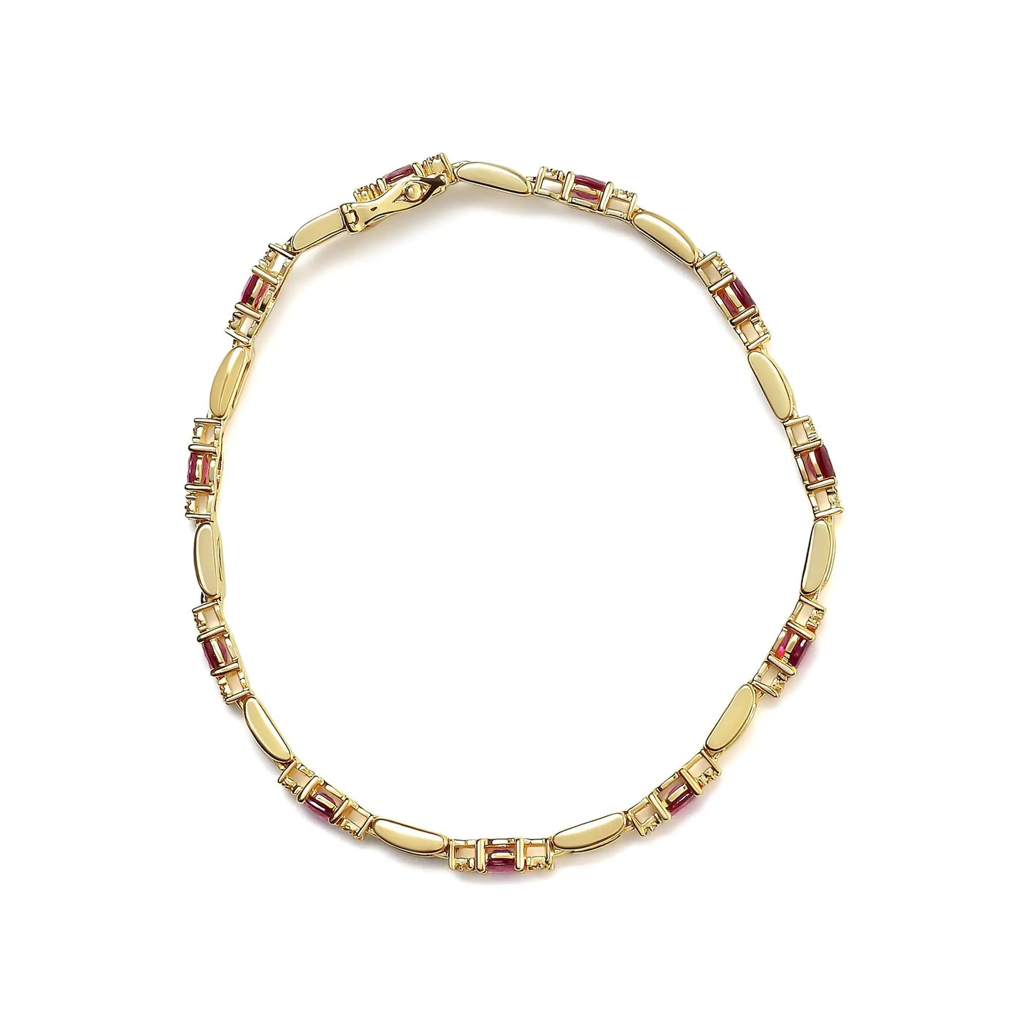 10K Yellow Gold Oval Ruby and 1/10 Cttw Diamond Bar Prong Set Bracelet (H-I Color, SI1-SI2 Clarity)  - Size 7"