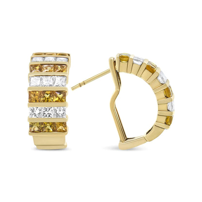 18K Yellow Gold 1 3/4 Cttw Invisible Set Princess Cut Diamond and 2.5mm Yellow Sapphire Huggie Hoop Earrings (F-G Color, VS1-VS2 Clarity)