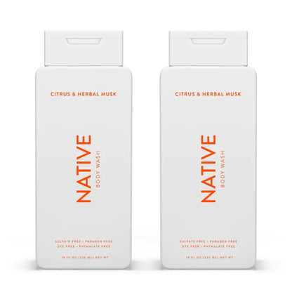 Native Body Wash Contains Naturally Derived Ingredients | For Women & Men, Sulfate, Paraben, & Dye Free Leaving Skin Soft and Hydrated | Citrus & Herbal Musk 18 oz - 2 Pk Citrus & Herbal Musk - 2 Pk