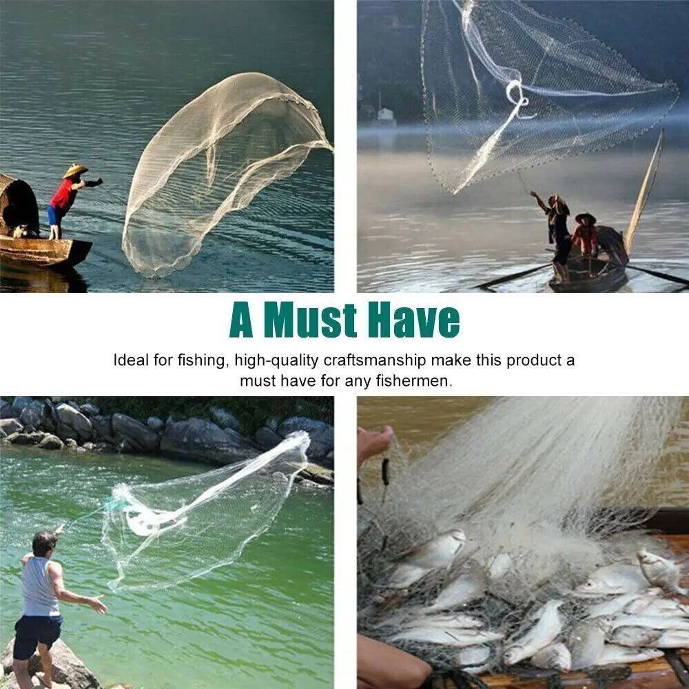 6/8/10/12/16FT Fishing Cast Net Bait Easy Throw Hand Cast Strong Nylon Mesh USA