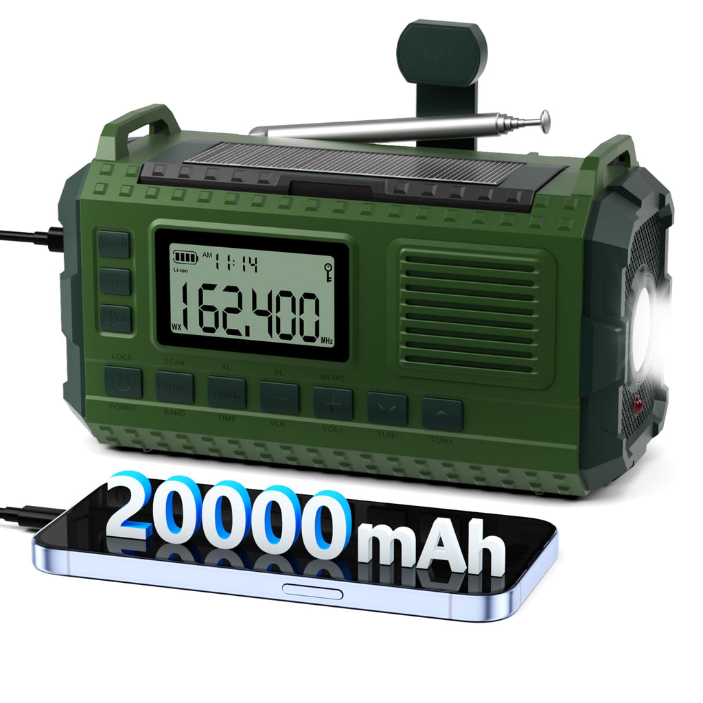 Vejrbestandig Nødradio med Håndsving og Solcelleopladning - AM/FM/NOAA, 20000mAh Power Bank | nødvejrradio