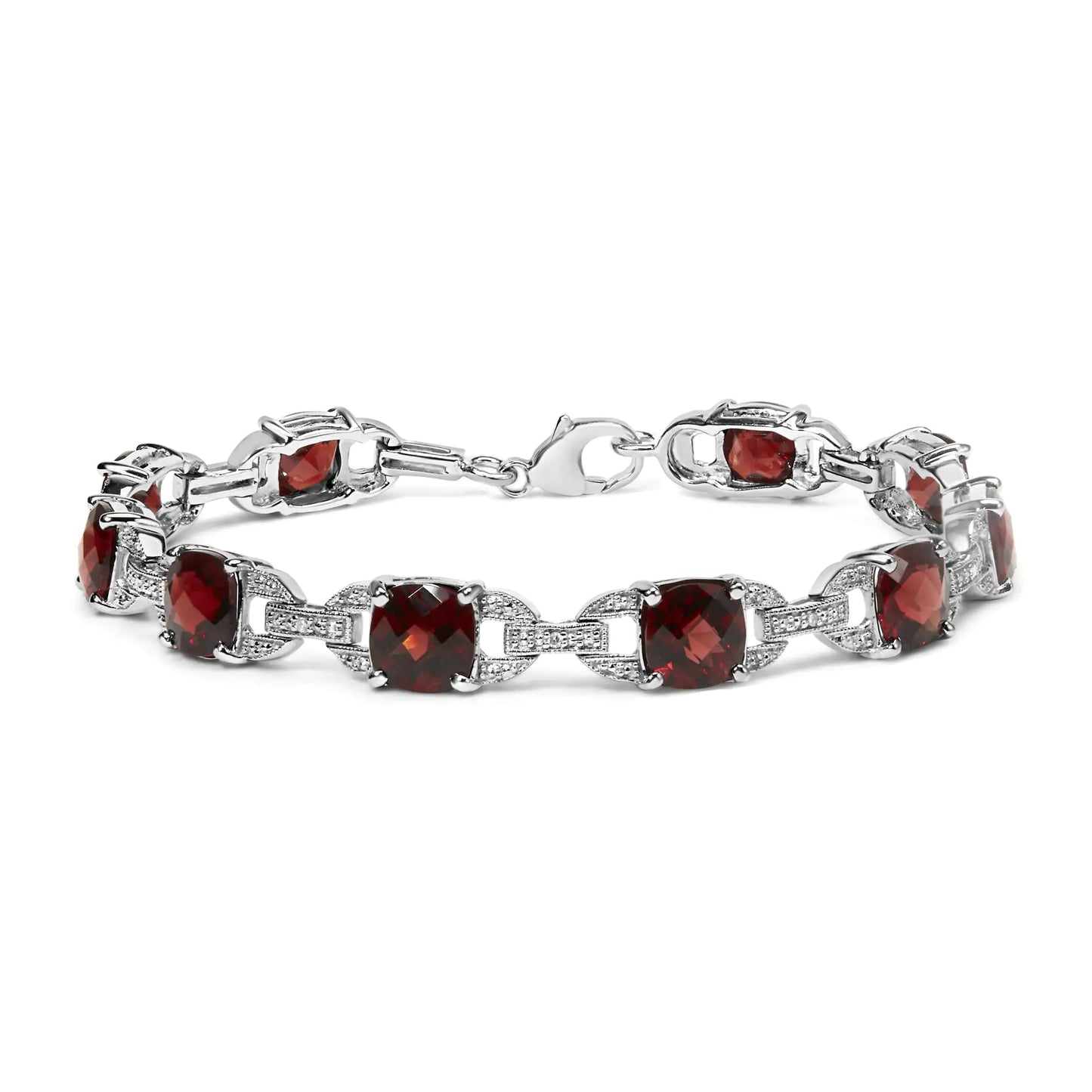 Pulsera de eslabones de tenis de moda en plata de ley 925 de 7 x 7 mm con granate rojo a cuadros y detalles de diamantes (color IJ, claridad I1-I2) - Tamaño: 18 cm