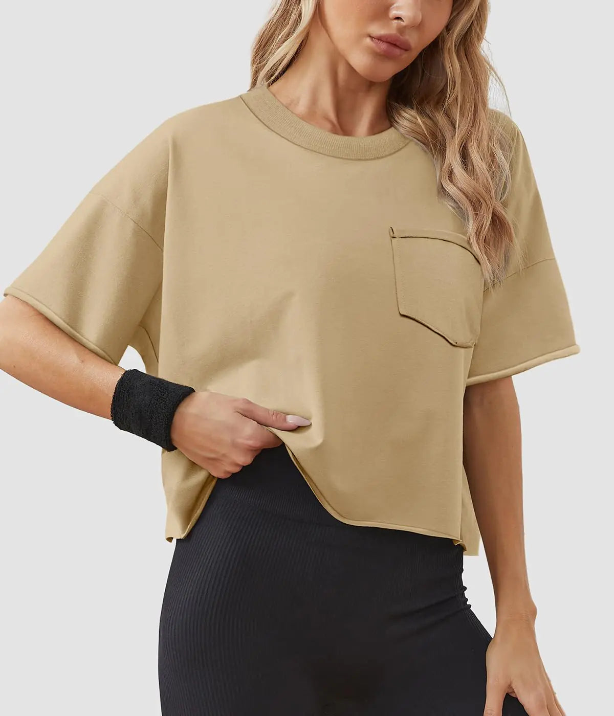 ATHMILE Camisetas de manga corta para mujer, estilo oversize, para entrenamiento, informales, con hombros caídos, dobladillo vuelto, básicas, holgadas, color caqui claro medio