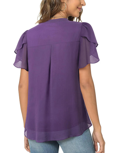 Blusas elegantes de gasa Lotusmile para mujer, de verano, con pétalos abullonados, de manga corta, cuello en V, informales, para el trabajo, color morado medio