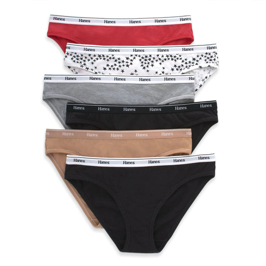 Braguitas de bikini Hanes Originals para mujer, de algodón elástico transpirable, surtidas, paquete de 6, mezcla de colores básicos medianos