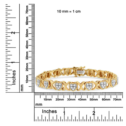 Pulsera de plata de ley 925 bañada en oro amarillo de 14 quilates con corazón de diamantes y eslabones en forma de X de 1,00 quilates (color IJ, claridad I3) - 7,25 pulgadas