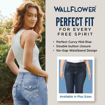 WallFlower Dame Luscious Curvy Bootcut Mid-Rise Insta Stretch Juniors Jeans Standard 5 Betsy