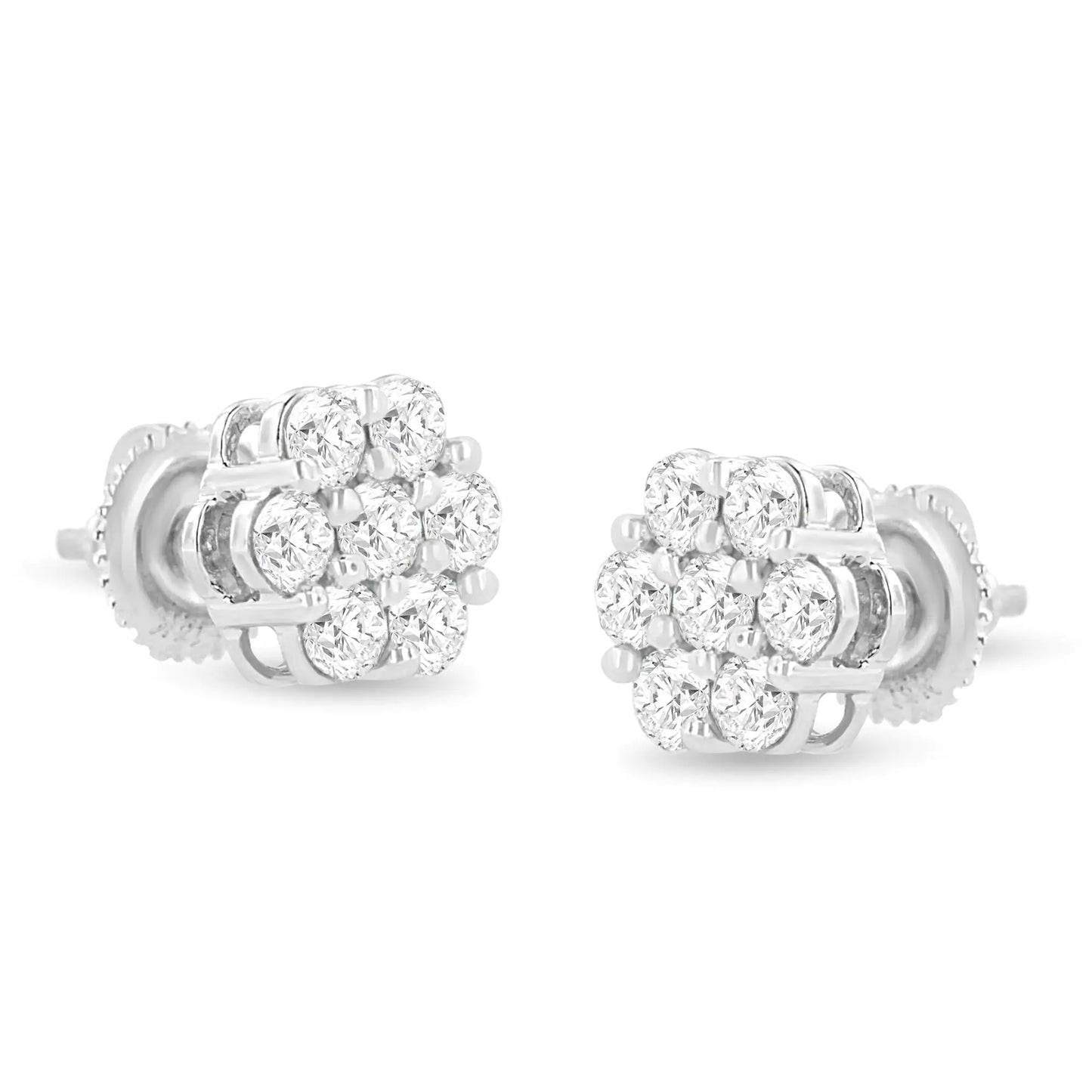 14K White Gold 1.0 Cttw Prong Set Round-Cut Diamond Floral Stud Earrings (H-I Color, I1-I2 Clarity)