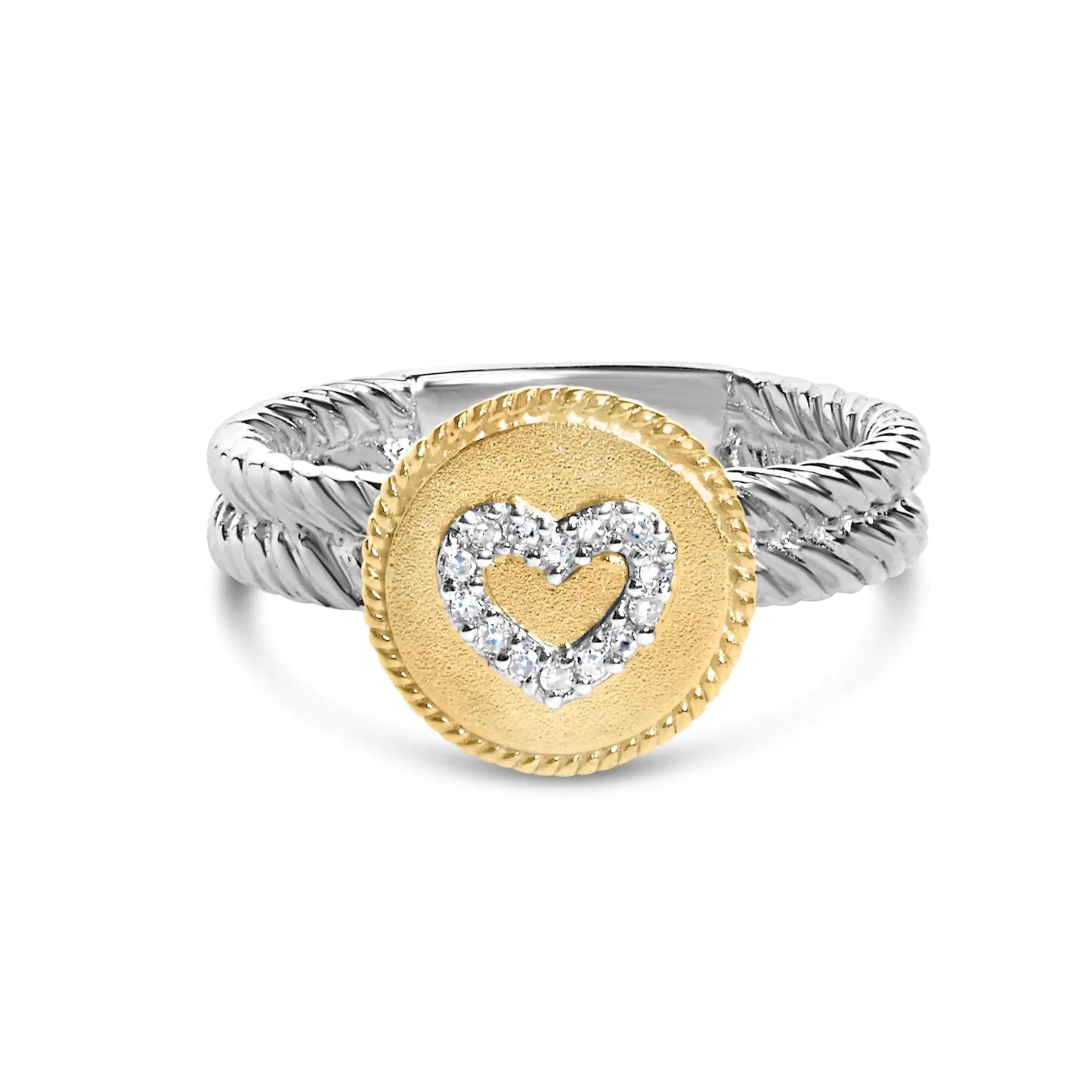 Anillo de plata de ley 925 bañado en oro amarillo de 18 quilates con forma de corazón de diamantes y acabado satinado (color IJ, claridad SI1-SI2)