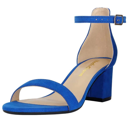 Sandalias de tacón bajo con tiras gruesas para mujer, de 5 cm, con puntera abierta y tira en el tobillo, para vestir, para uso diario, para trabajo y fiesta, en terciopelo azul 7