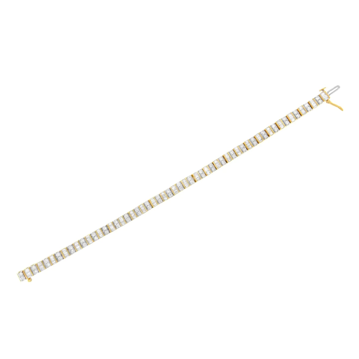 10K Yellow Gold 4.0 Cttw Alternating Baguette & Round Cut Diamond Bezel- & Prong-Set 7" Tennis Bracelet (G-H Color, SI1-SI2 Clarity)