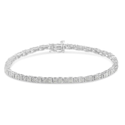 10K White Gold 1.0 Cttw Baguette & Round Diamond Alternating Link Tennis Bracelet (I-J Color, I2-I3 Clarity) - 7”