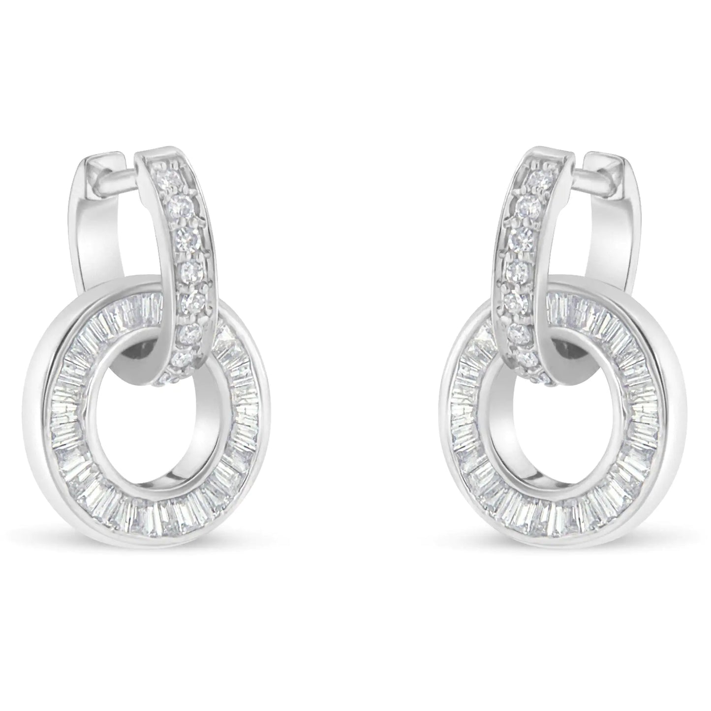 Aretes de oro blanco de 14 k con diamantes de talla baguette y redonda (1 ctw, color GH, claridad SI1-SI2)